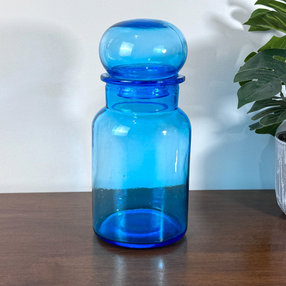 Vintage Blue Glass Apothecary Storage Jar Made in Taiwan 8.5”